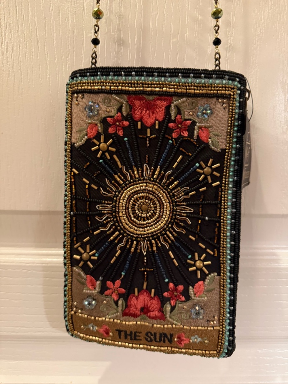 NWT Mary Frances Beaded 'The Sun' Crossbody Bag - Black, Gold & Red